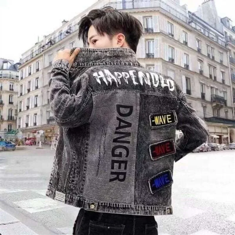 Men's Denim Jacket Spliced Autumn With Print Male Jean Coats New In Designer Outwear Rock Fashion Joker Worn Lxury Korean Style