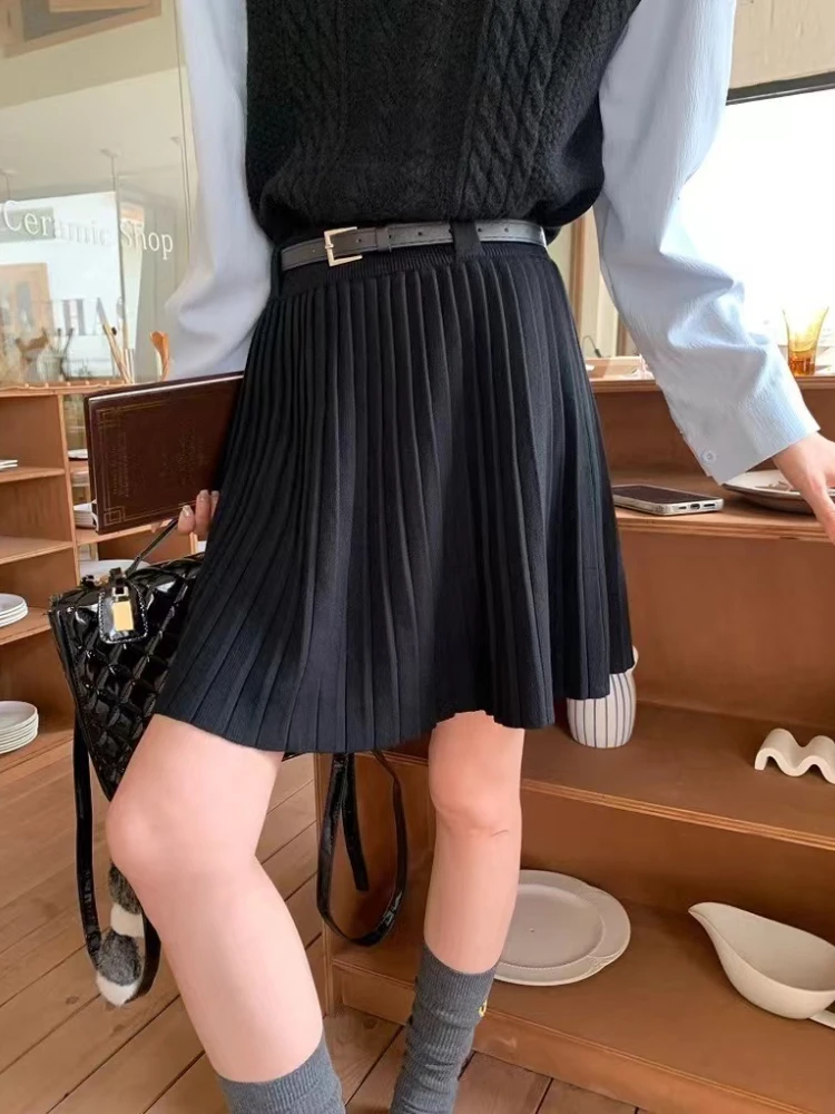 Autumn Winter Women's Knitted Pleated Skirt with Belt Grey White High Waist A Line Skirt Girl's Student Short Mini Skirt Women