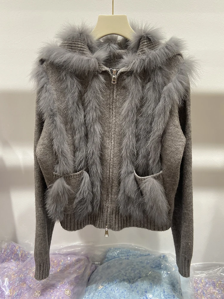 2024 New Arrival Women Winter Grey Real Fox Fur Thick Knitting OverSize Loose Girl's Luxury Sweater Jacket Coat