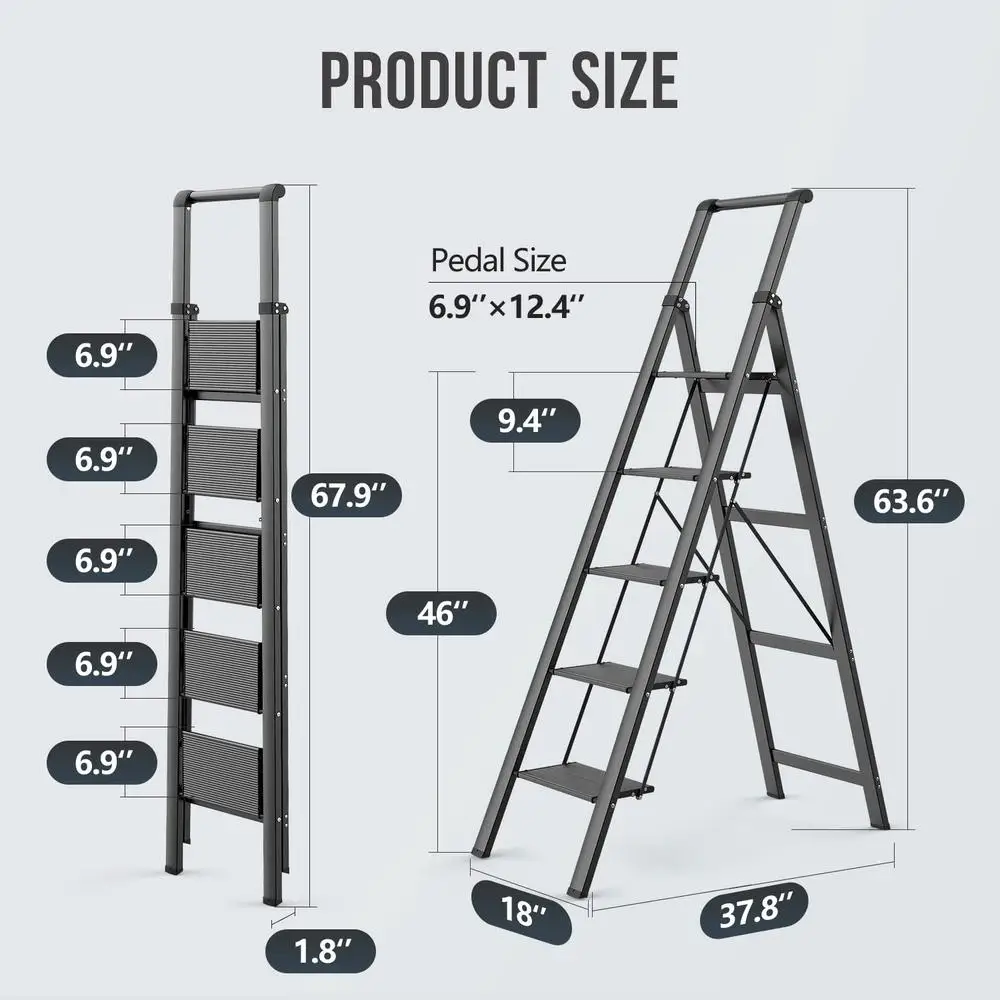 Легкая алюминиевая 5-ступенчатая лестница с рукояткой, портативная складная стремянка, противоскользящая педаль, стабильная конструкция, домашний офис, кухня