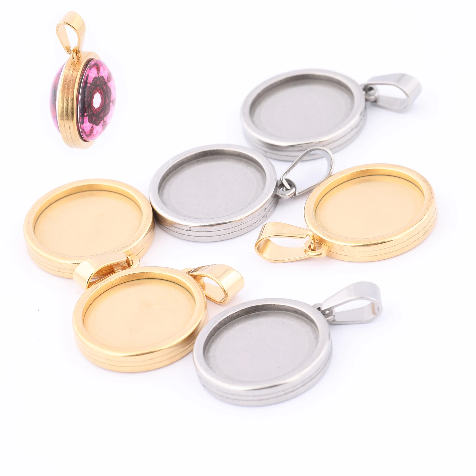 5pcs Stainless Steel Double Sided Gold Plated 16mm Cabochon Base Setting Trays Diy Bezel Pendant Necklace Blanks
