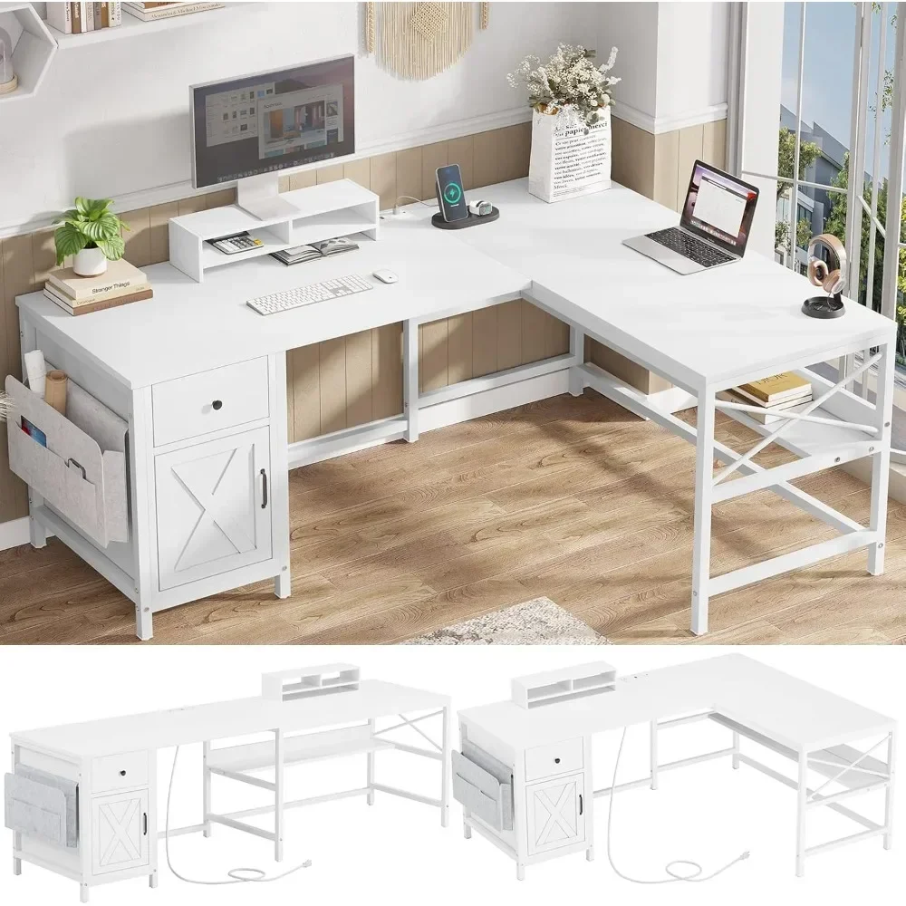 

L Shaped Computer Desk, Convertible 86.6" Home Office Table or Corner Desk, Office Desk with Drawer, Power Strip Storage Cabinet