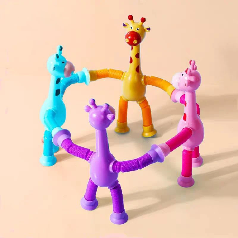 Engraçado Telescópico Stretch Fidget Toy, Ventosa, Girafa Animal Puzzle, Brinquedo Tricky, Piadas de Família, Presente da Criança, 4Pcs