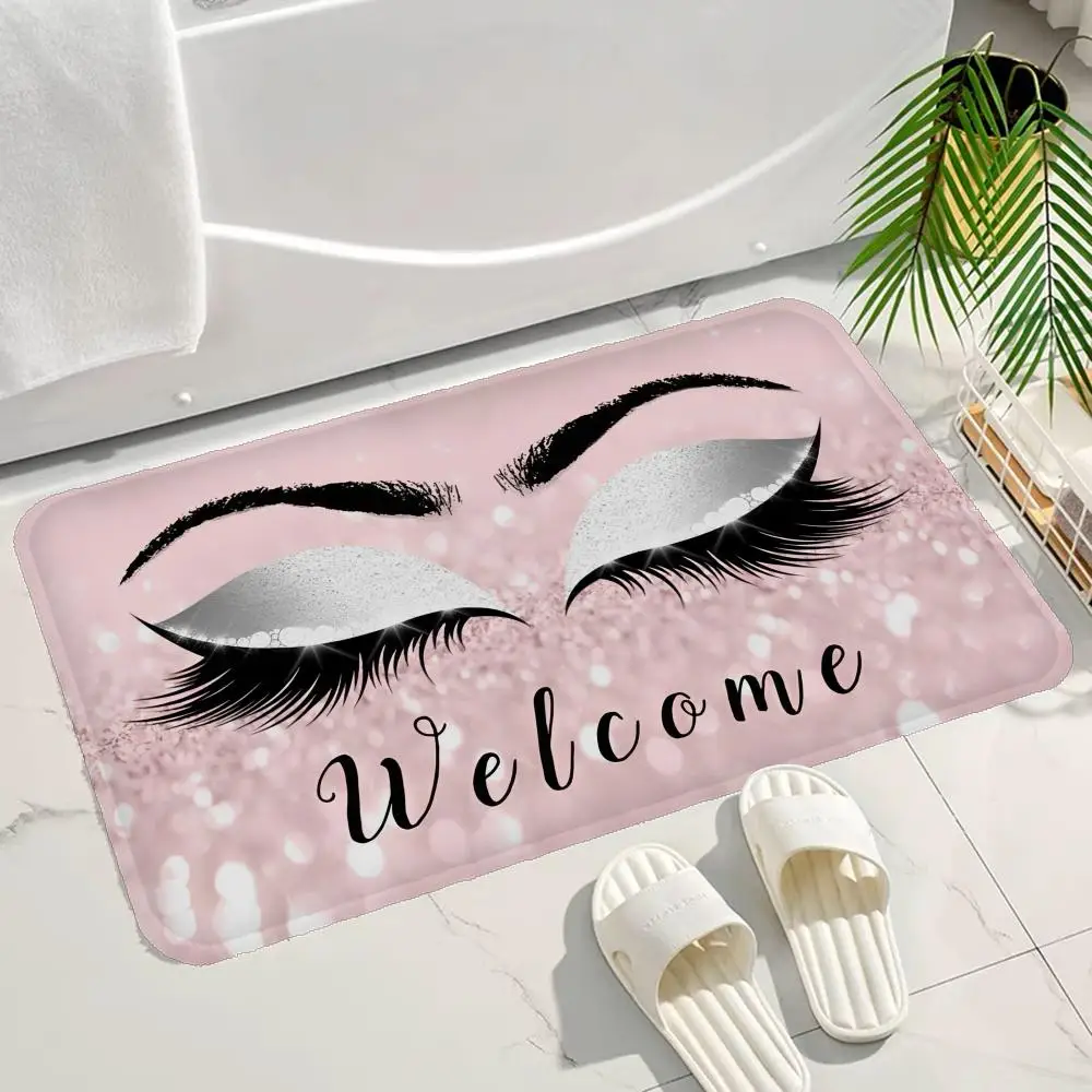 Rose Golden Glitter Eyelash Lashes Door Mat Washable Non-Slip Living Room Sofa Chairs Area Mat Kitchen Bedside Area Rugs