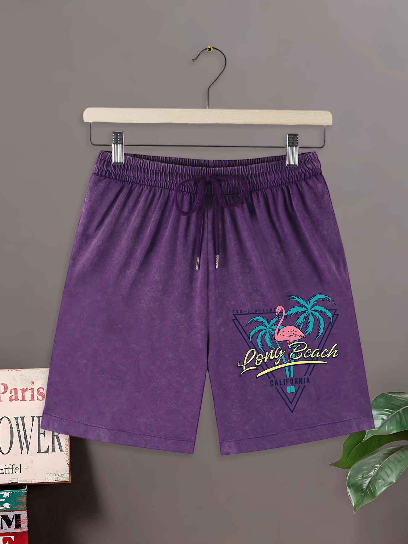

Long Beach California Flamingo Coconut Tree Print Mens Summer Washed Shorts Cotton Simple Bottom Oversized Retro Sportpants