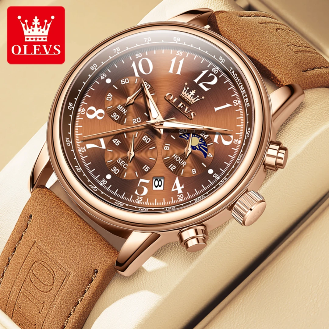 OLEVS 2912 Quartz Casual Watch Gift Round-dial Genuine Leather Watchband Wristwatch Calendar Small second