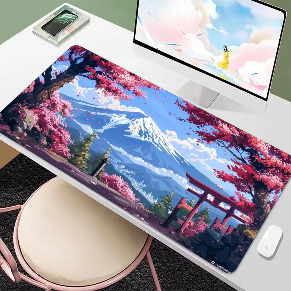 Fuji Cherry Blossom Torii Ukiyo‑e Art Large Gaming Mouse Pad Non Slip Rubber Desk Mat For Laptop Keyboard Home Office Workspace