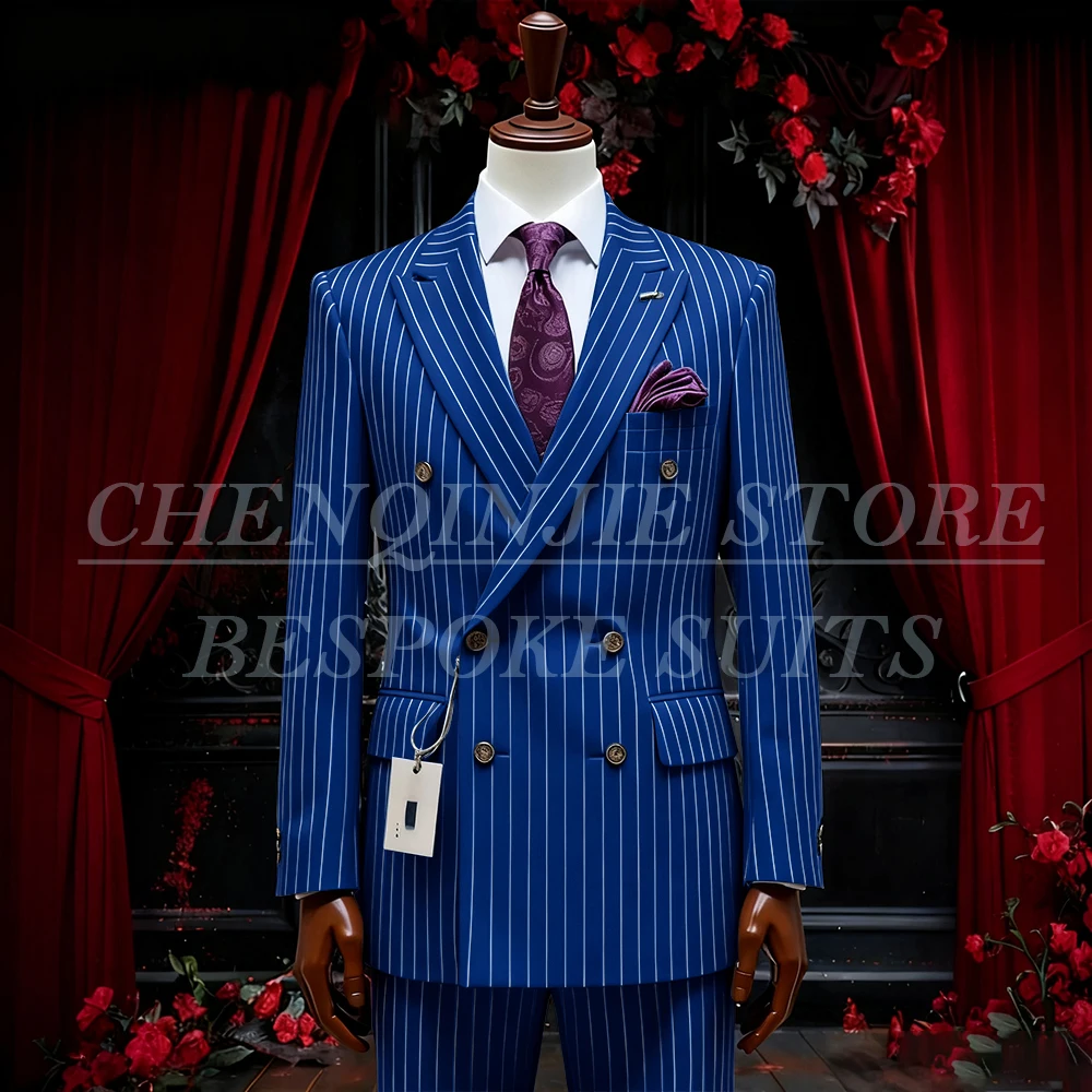 SILIWEYA Double Breasted Business Men's Suits Elegant Peak Lapel Slim Fit Male Clothing High Quality Stripe Male Clothing Blazer