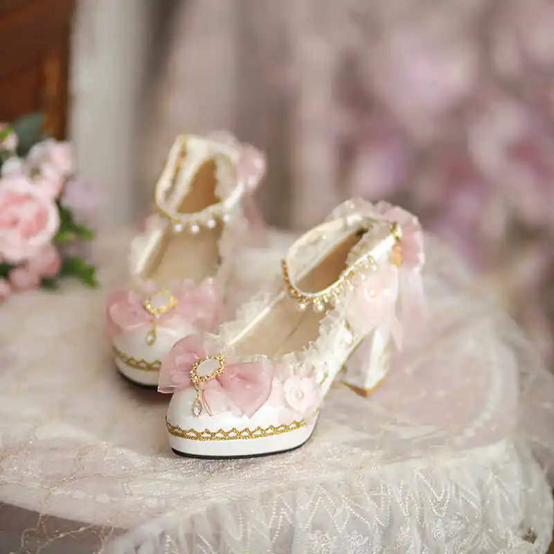 Lolita Flower Wedding High Heel Lo Shoes Adult Ceremony Gorgeous Chunky Heel 18-Year-Old Shoes