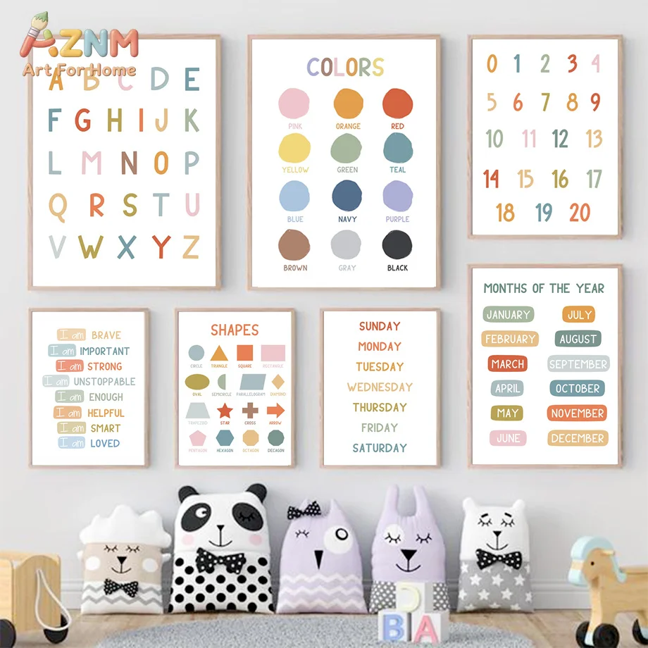 AZNM Boho Kids Educational Alphabet Number Canvas Poster, Frameless Color Shape Week Month Learning Wall Art For Playroom Nurser