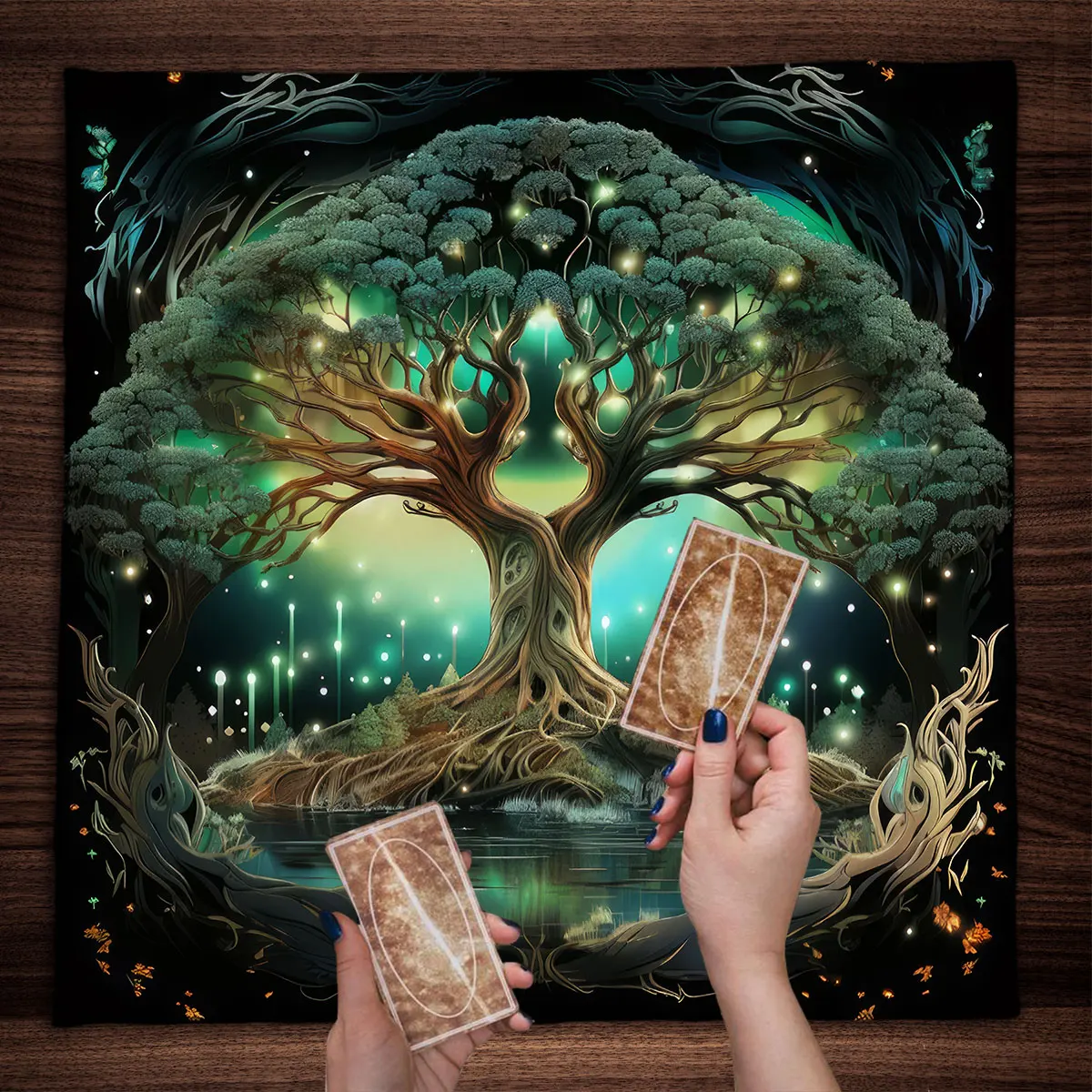 Mysterious Green Tree of Life Tarot Card Tablecloth Wicca Altar Cloth Fantastic Life Tree Tablecloth for Tarot Oracle Card Pad