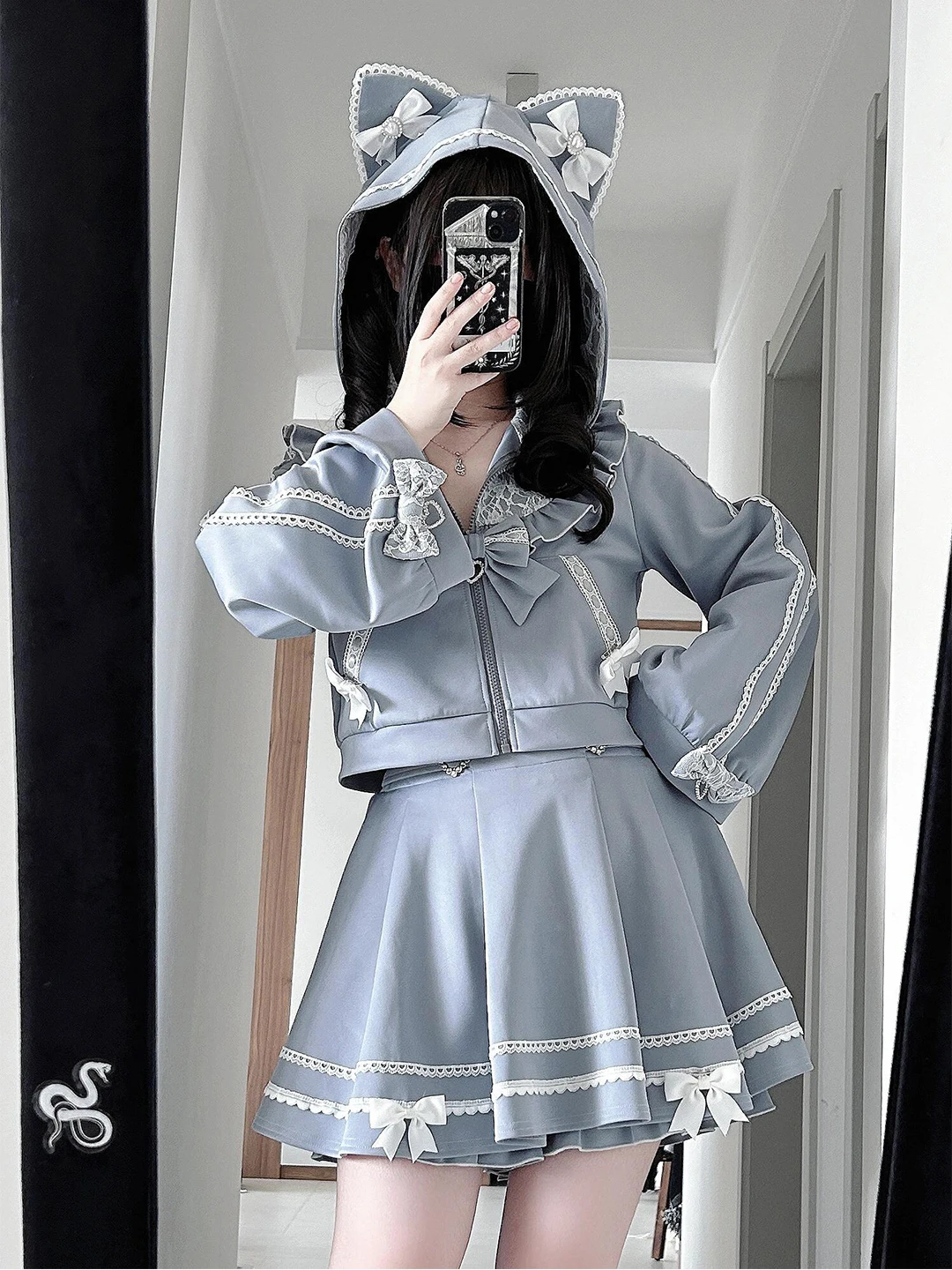 Blue Gothic Style Short Coat And  Bow Half Skirt Set Sweet Cute Sweatshirt Lace Two Piece Set Women's Fashion Ensemble