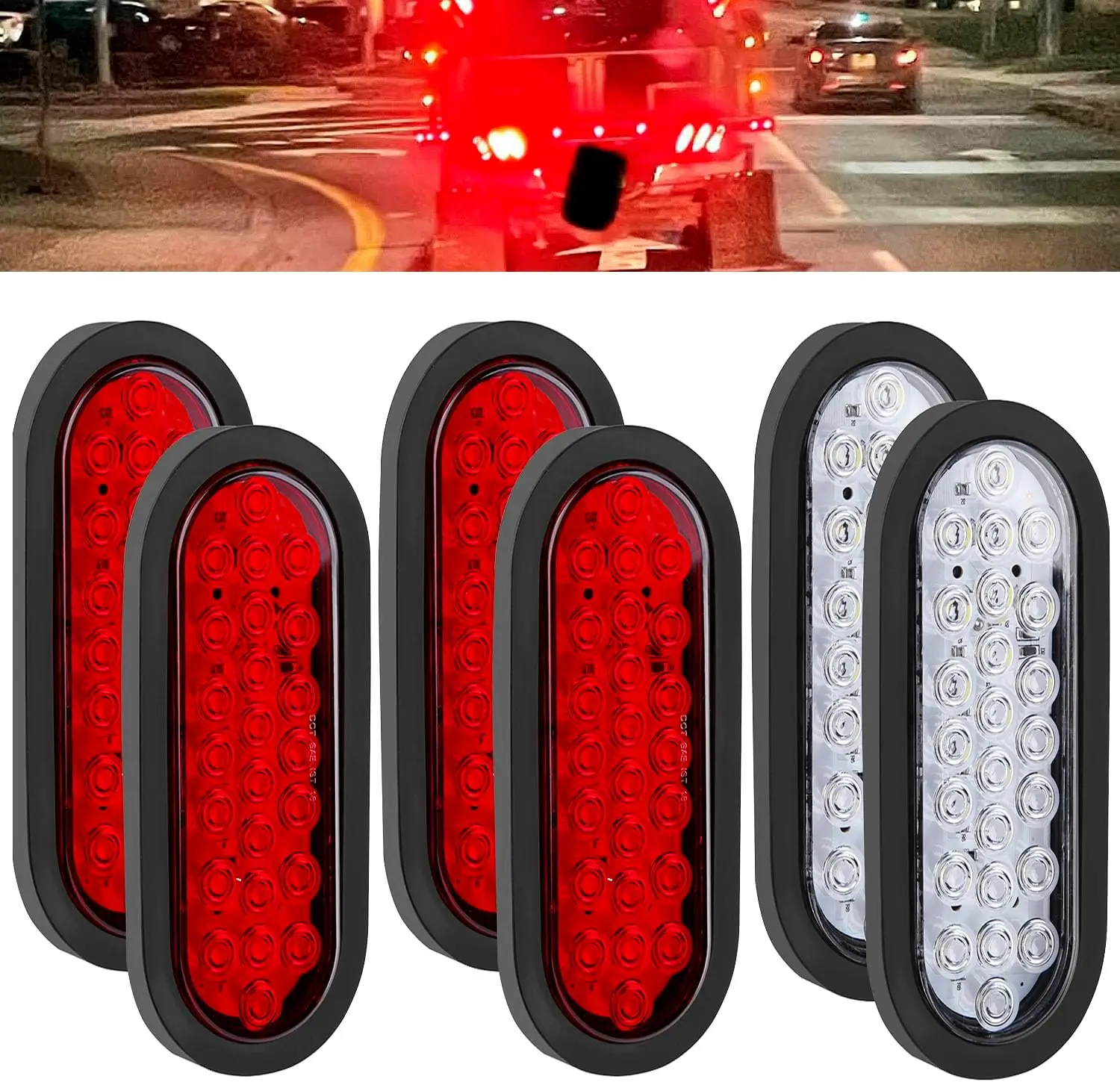 

6' Oval LED Trailer Tail Lights Red Turn Stop Brake 24 Diodes 3-Pin Waterproof Replacement for RV Trucks (4 Red + 2 White)