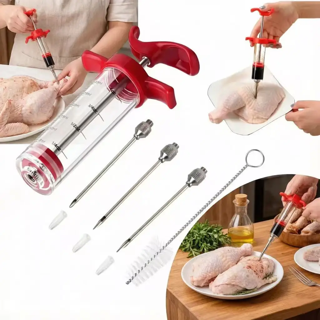 Meat Injector Syringe With 3 Marinade Injector Needles for BBQ Grill Turkey Injector Kit Marinade Flavor Injector