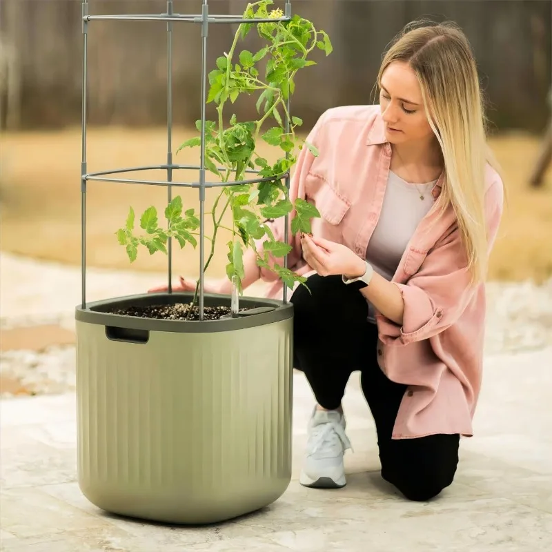 

Tomato Planter Box with Trellis Self-Watering Rolling Raised Garden Bed for Climbing Vegetable Plant Cages - Sage Green