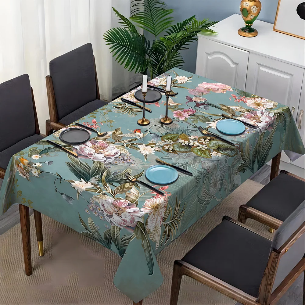 1pc Floral Print Tablecloth - Durable Polyester Rectangular Table Cover with Vibrant Flower Pattern on Teal Background,  Parties, and Home Decor, Elegant Smooth Texture