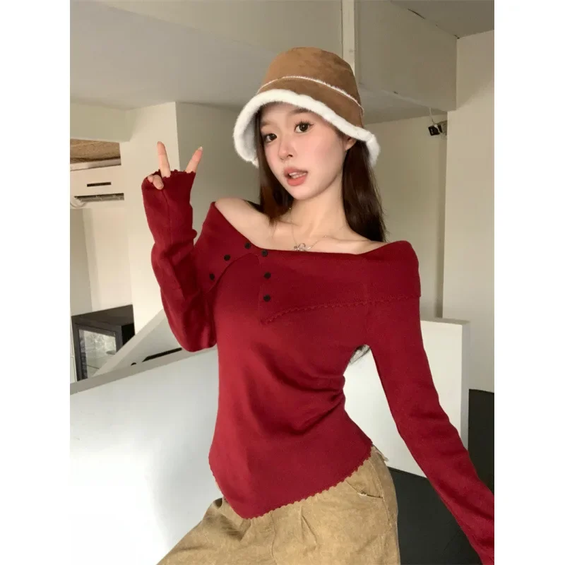 النمط الفرنسي خارج الكتف تريكو المرأة ربيع الخريف تصميم غير منتظم الإحساس معطلة سترة قميص صغير #4