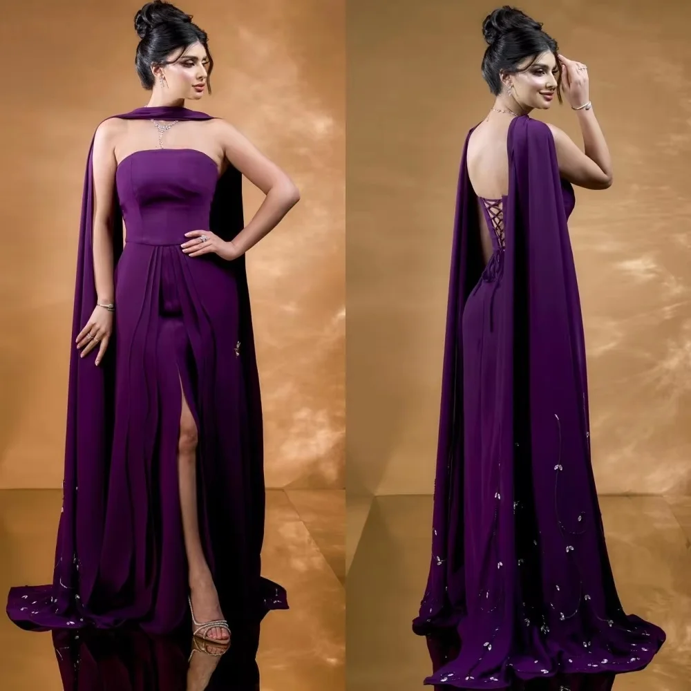

Customized Exquisite Lace Up High Split Evening Dress Charming Ruched Prom Dress Sexy Beading Strapless Party Gown فساتين سهرة
