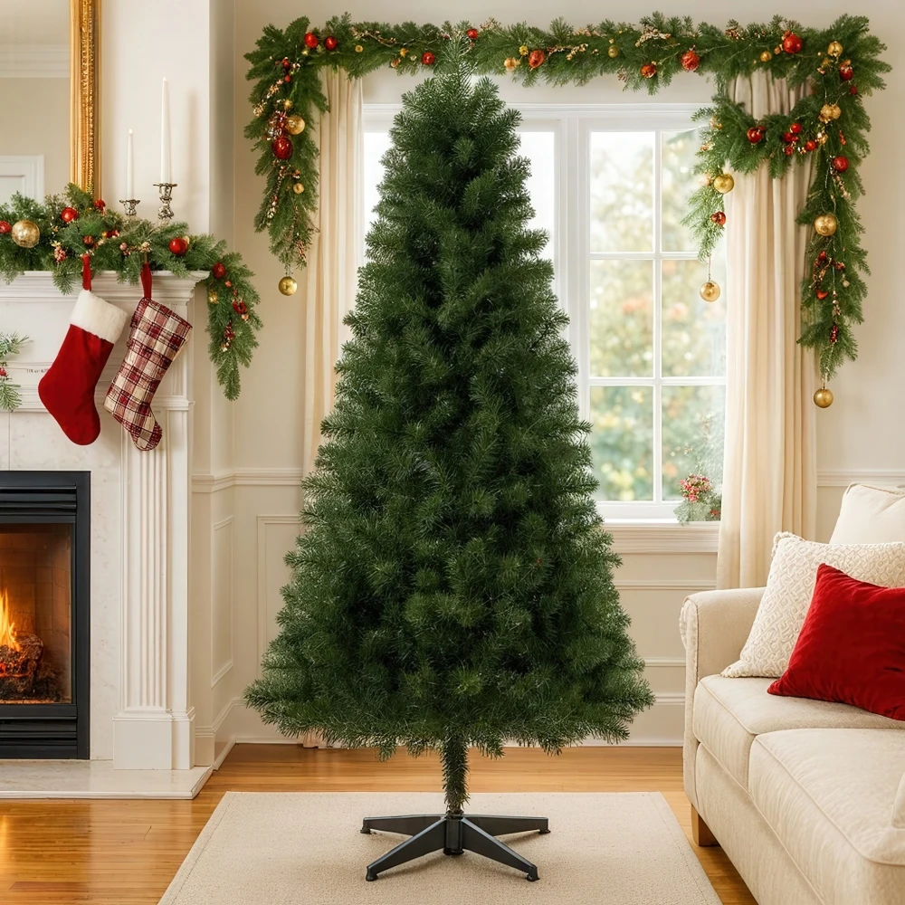 Árbol de Navidad artificial sin iluminación de 6 pies con 490 puntas, ramas completas de PVC, árbol festivo verde clásico con soporte de plástico de 4 patas para