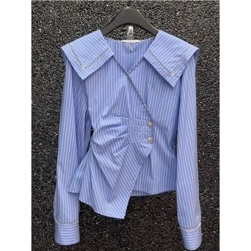 Blue Striped Lapel Long Sleeved Shirt for Women\'s Early Autumn New Style Niche Hollow Irregular Top