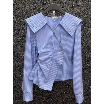 Camisa de manga larga con solapa a rayas azules para mujer, Top Irregular hueco de nicho de nuevo estilo para principios de otoño