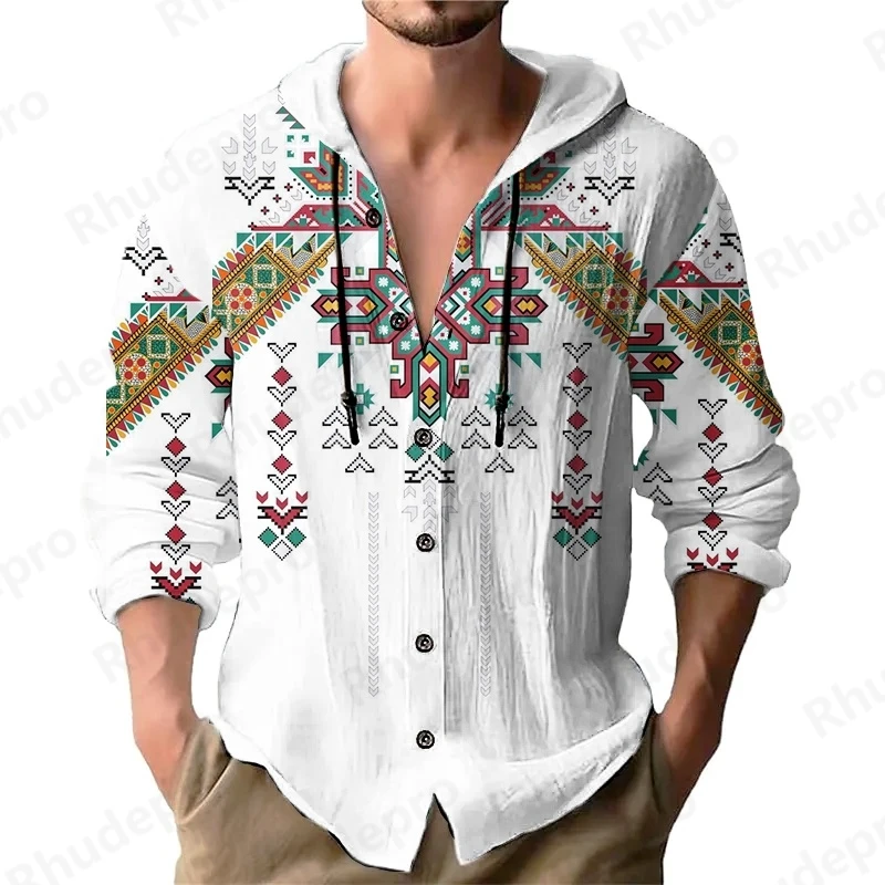

Men's National Style Casual Shirt Hooded Drawstring Cardigan Trendy Loose Beach 3D Printing Camisas Para Hombres