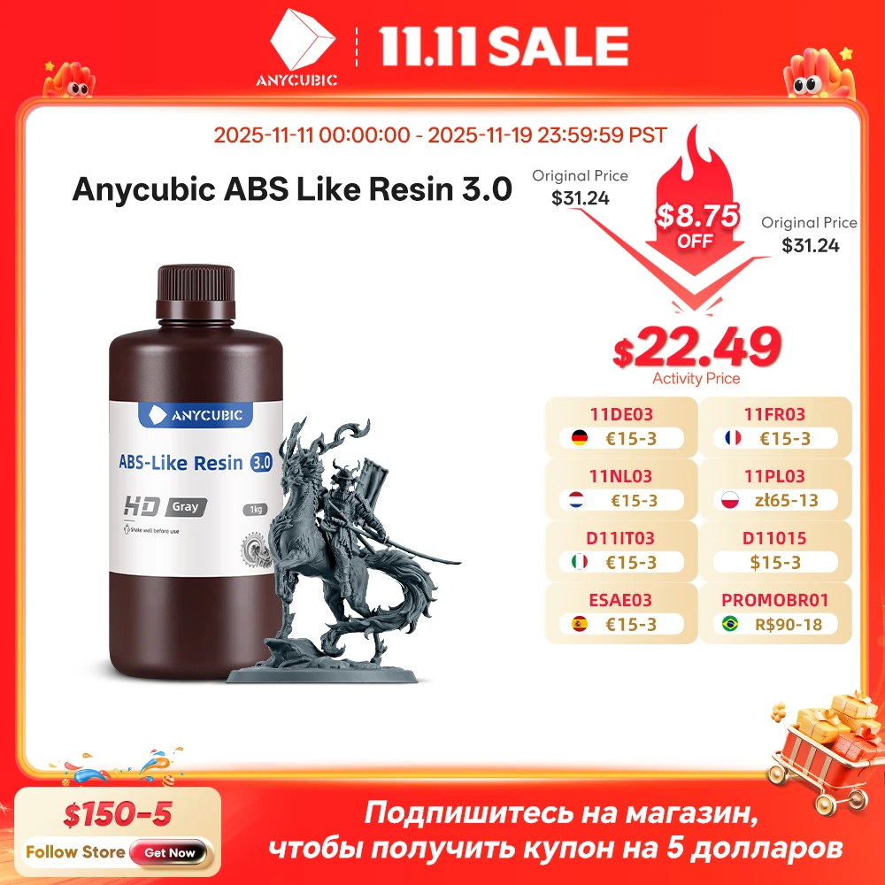 

ANYCUBIC ABS-Like Resin 3.0 For LCD 3D Printer Highly Resilient Higher Accuracy with Lower Shrinkage Rate Minimal Odor Mono 4