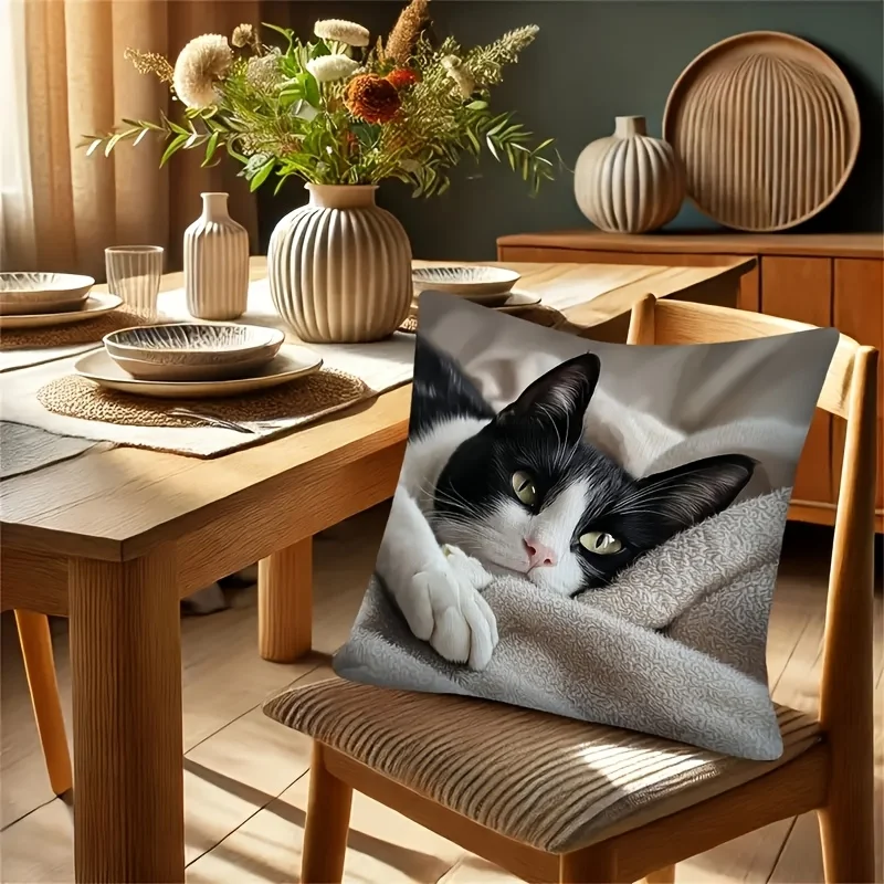 Modern Style White Tuxedo Cat Pillow Cover - Soft & Comfortable, Zipper Closure, ForCar, Office, Home,Decor - No Insert Included