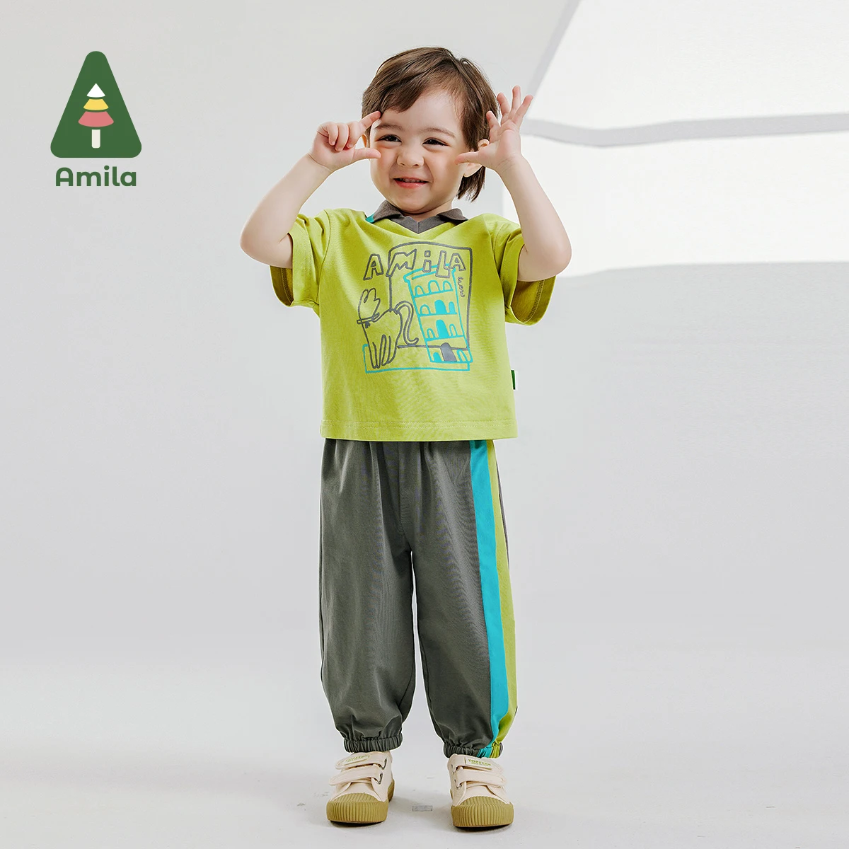 Amila 2024 Summer New Clothes for Baby Boys and Girls in Contrasting Color Lapel Cartoon Top and Bottom T-shirt + Pants Group