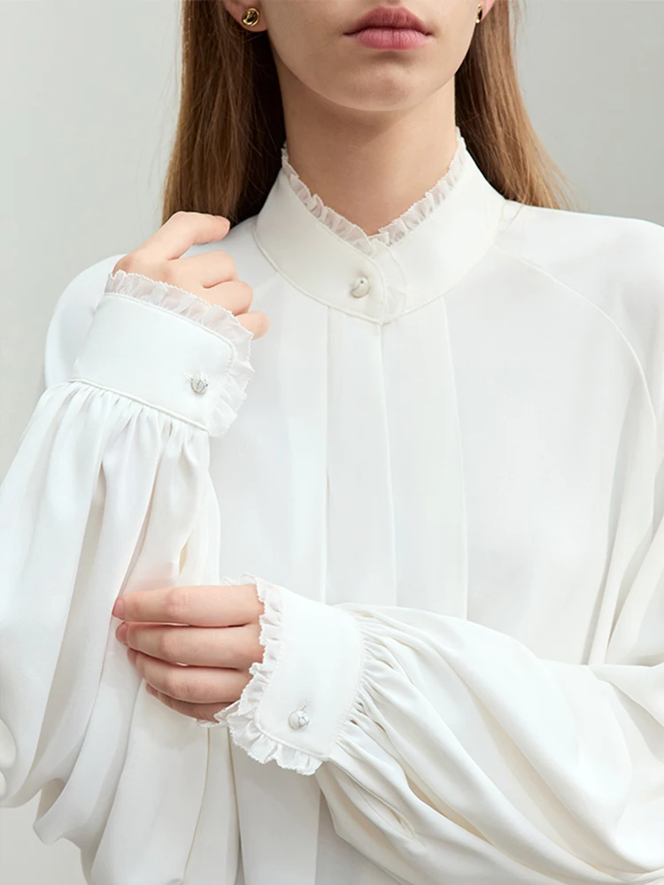 Amii Minimalism 2024 Spring Women Blouse New Silk Stand Collar Shoulder Lantern Sleeve Chiffon Shirts Female Loose Tops 12421084