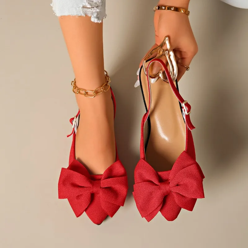 صنادل نسائية صيفية بفيونكة مسطحة باوتو 2025 جديدة بمقاس كبير بمقدمة مدببة وظهر فارغ