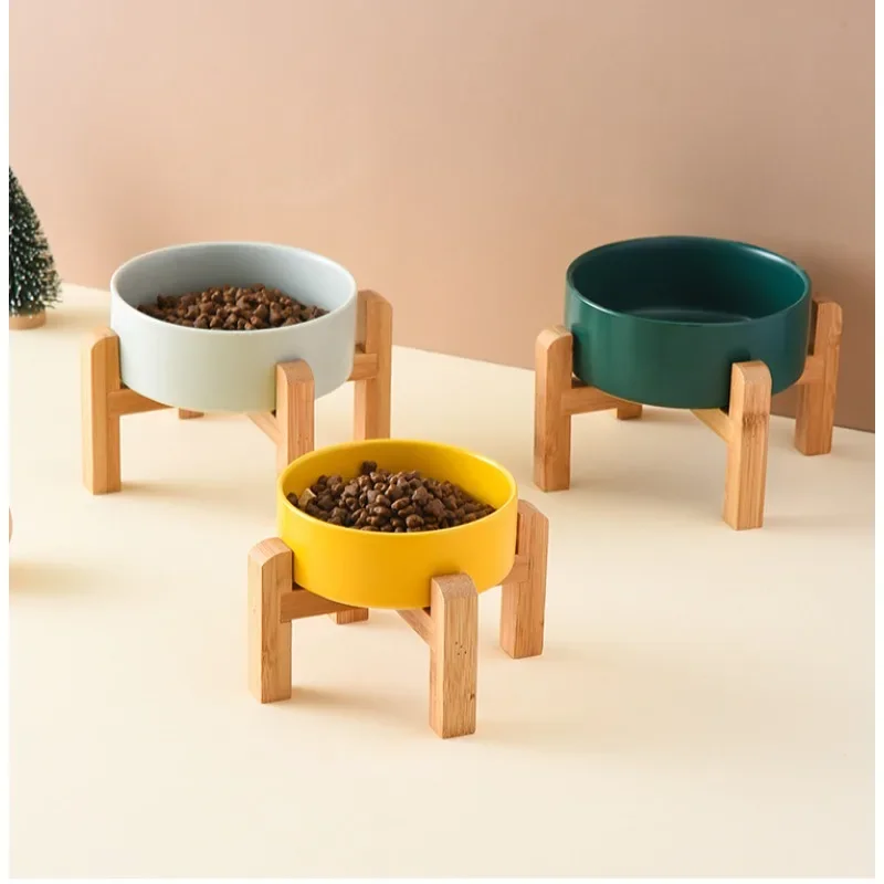 Mangeoires surélevées en céramique pour animaux de compagnie avec support en bois, double grand bol pour chiens, fournitures d\'alimentation pour