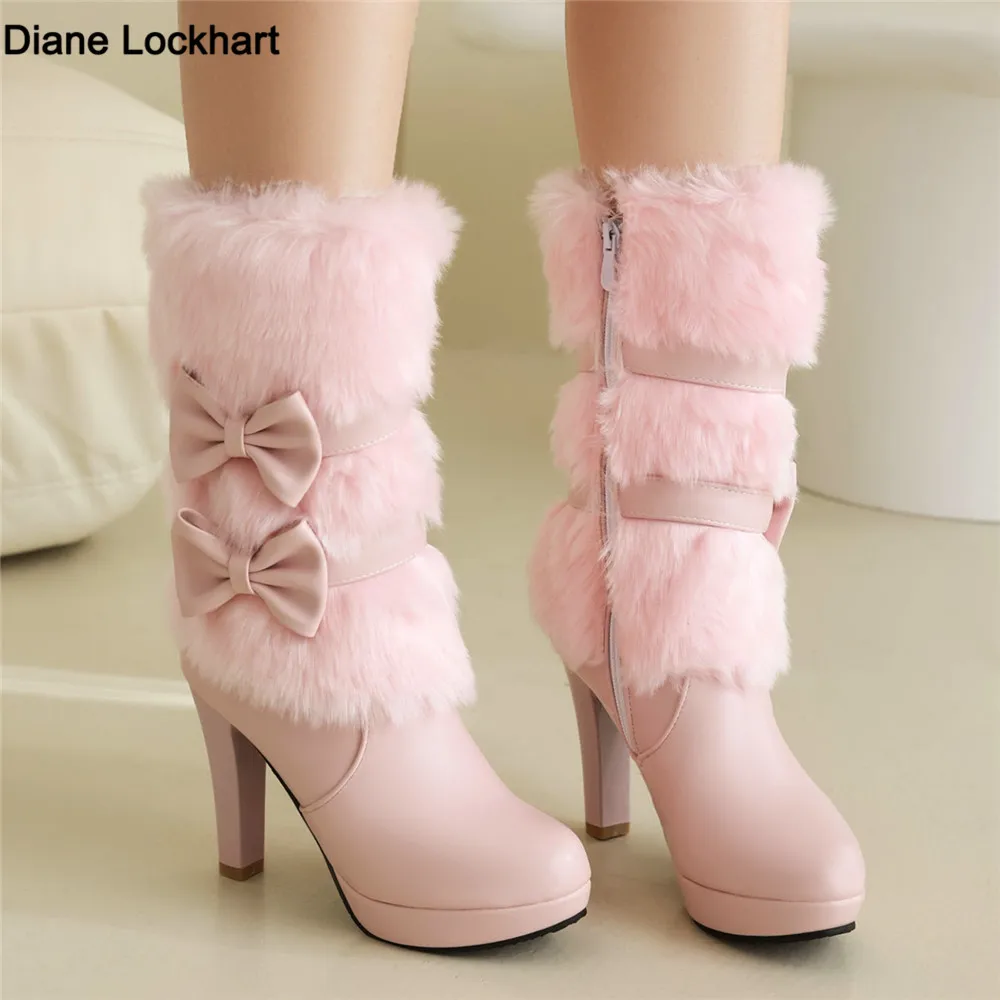 2024 Fashion Winter Womens High Heel Boots Pink White Black Fur Tassel Bowtie Lovely Lolita Ladies Zip Party Wedding Shoes 33-43