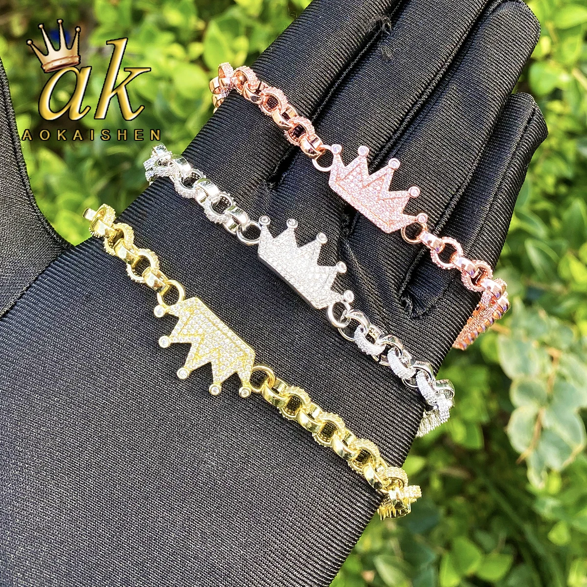 

Aokaishen Iced Out Belcher браслет Корона для женщин позолоченный 5А цирконий хип-хоп ювелирные изделия