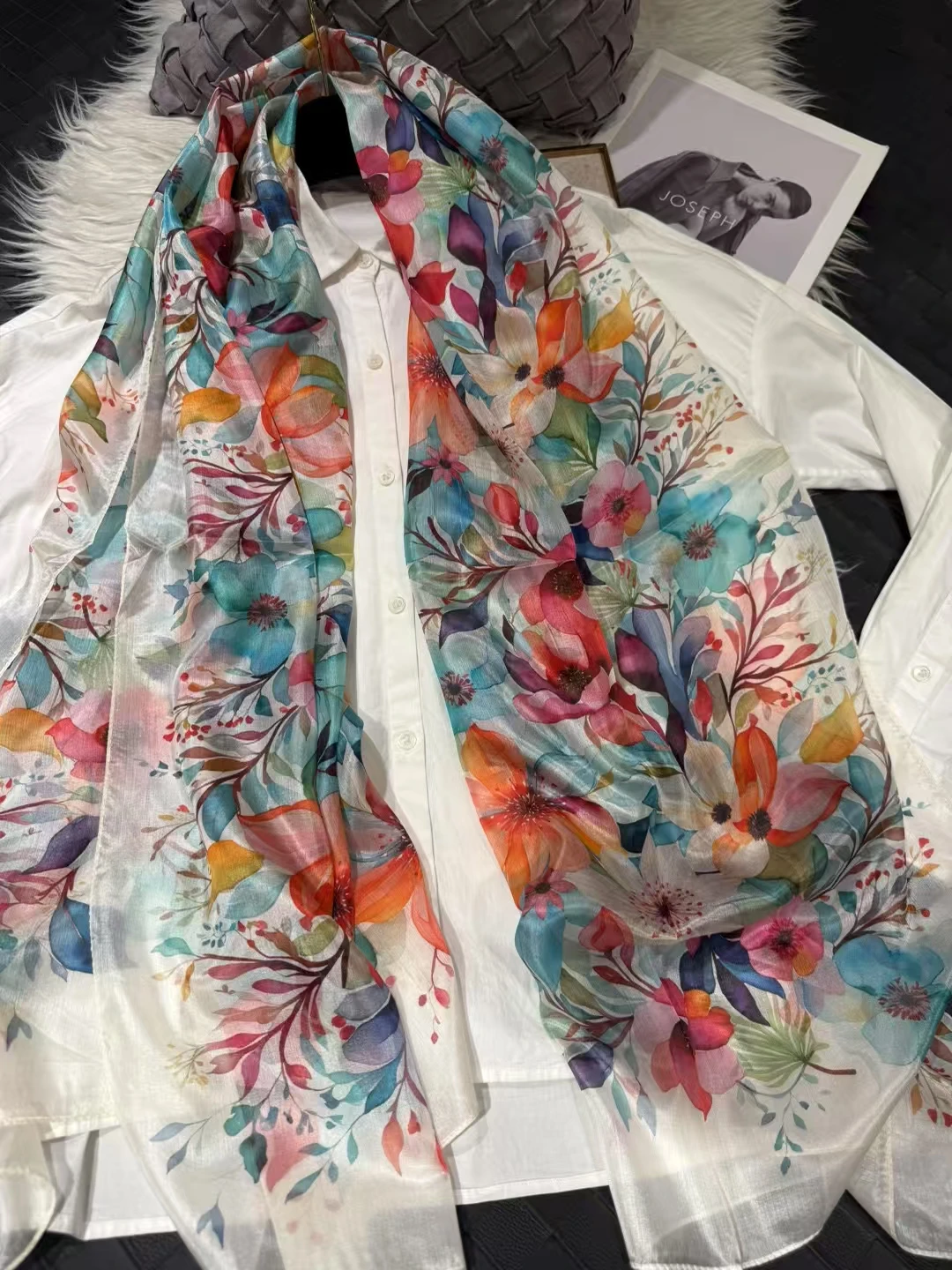 White Blue Women 100% Mulberry Silk Scarf Elegant Floral Design Long Silk Scarf Cape Summer Beach Silk Shawl Wrap Hijab Scarf image 4