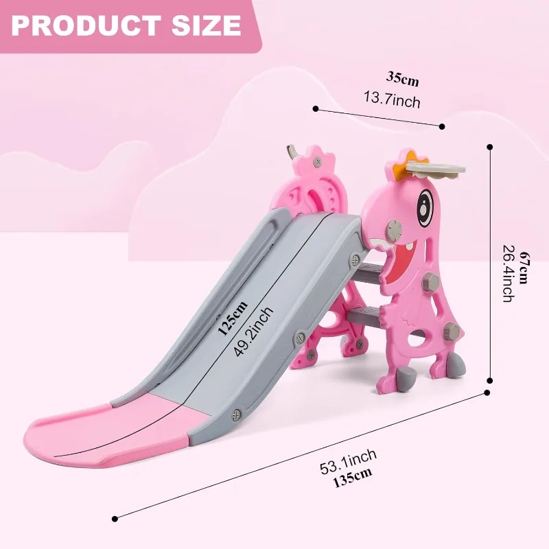 Dinosaur Slide Kids Toddler Indoor Slide Playset Indoor Outdoor Playground Toddler Climber Playset with Basketball Hoop