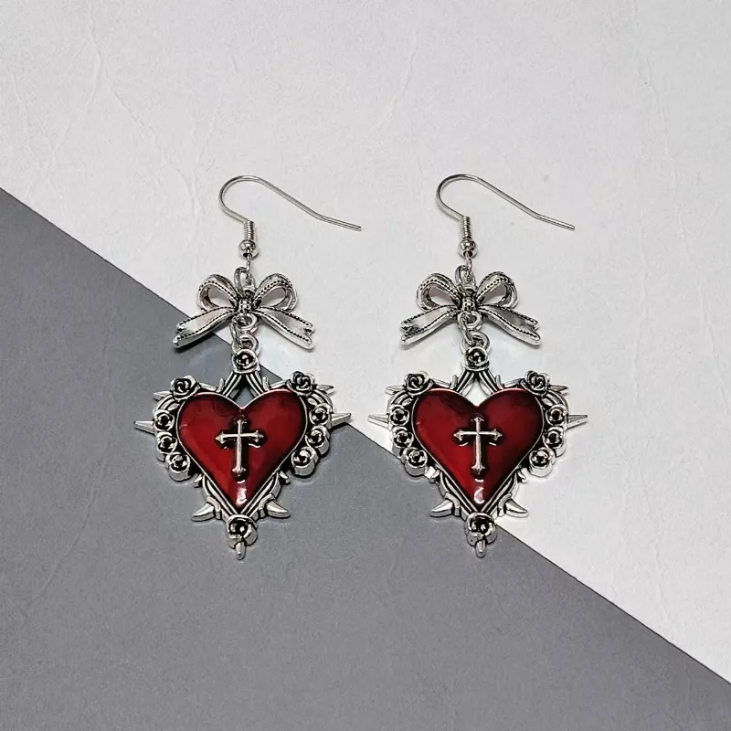 

New dark blood love rose bow thorn goth earrings, niche design Halloween pendant ear accessories