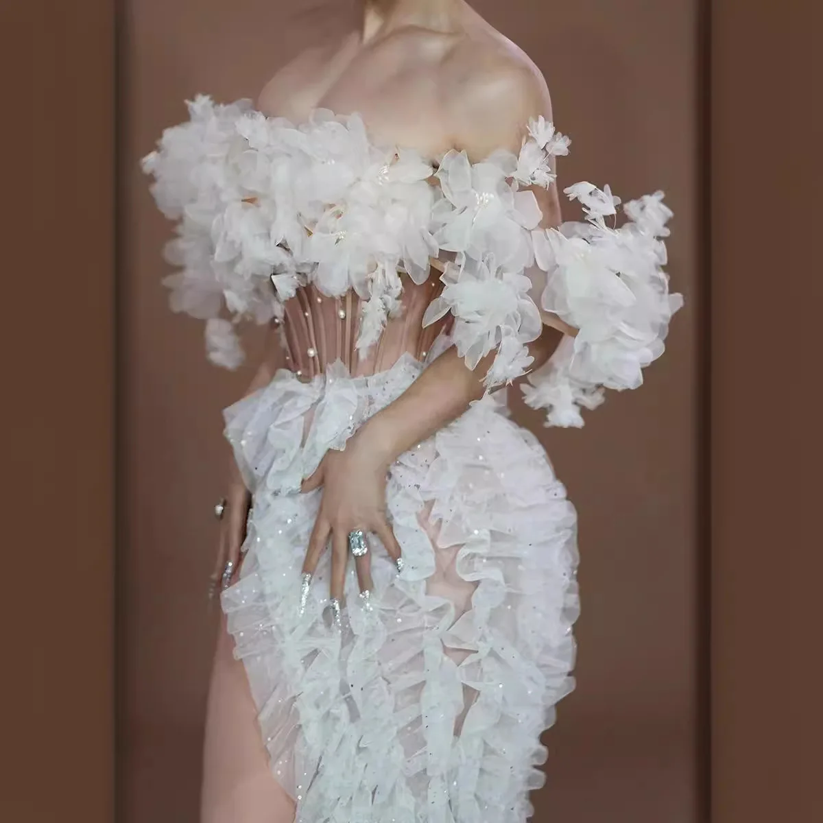 結婚式の視点中空セクシーなハイスプリットホワイトメッシュドレス誕生日 Vestidos Graduación Mujer Vestido Cerimônia Mulher Elegante
