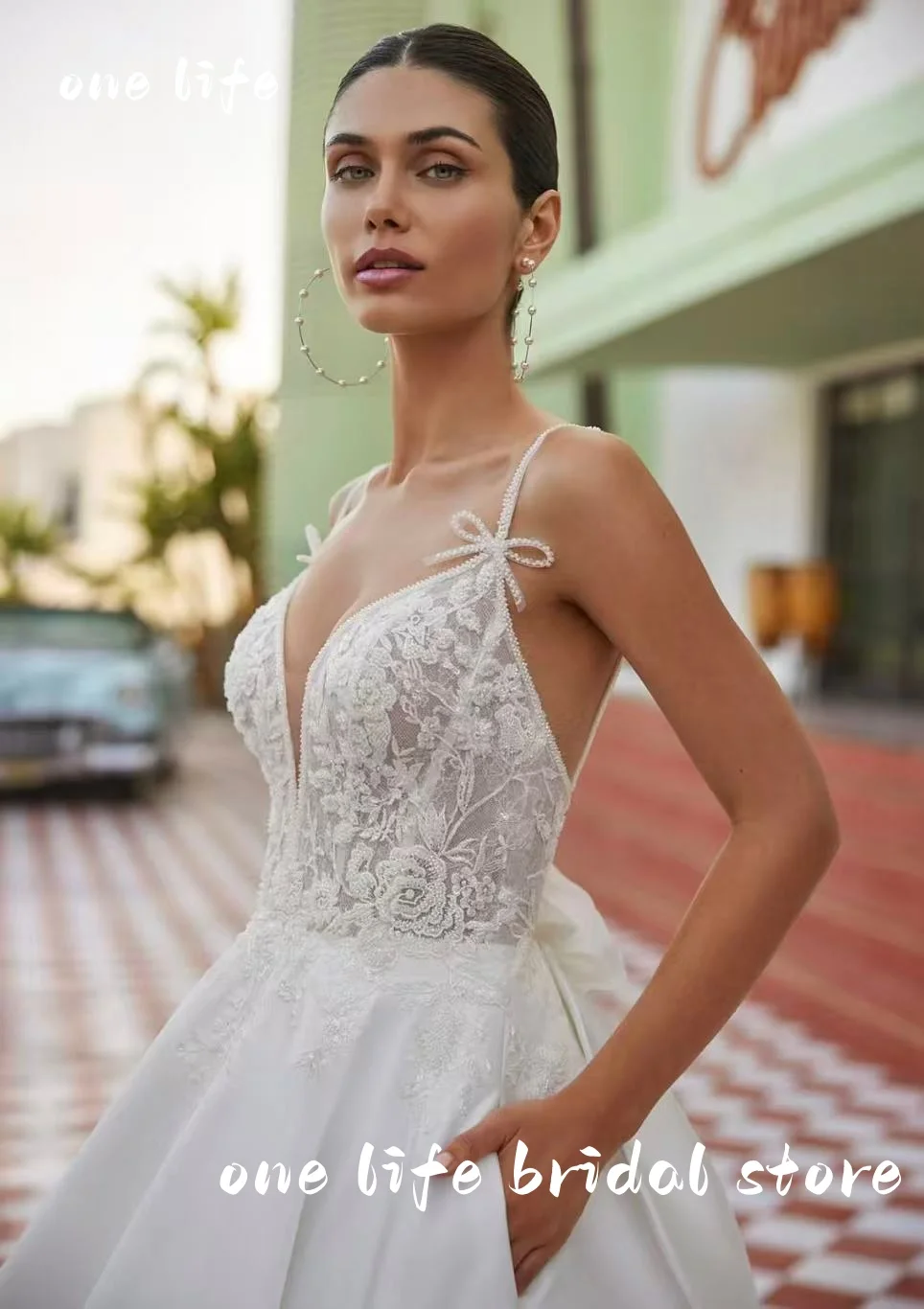 EEN LEVEN Aangepaste Elegante Sexy Boho V-hals Satijn Kant Trouwjurk met Zak voor Vrouwen Applicaties A-lijn Vestidos De Novia