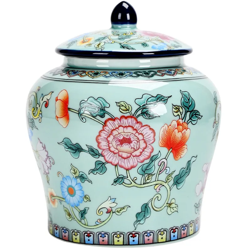 Enamel General Jar Painted Flowers Moisture-proof Sealed Tea Jar Art Crafts Ornaments Sundries Storage Box Home Decoration Gifts