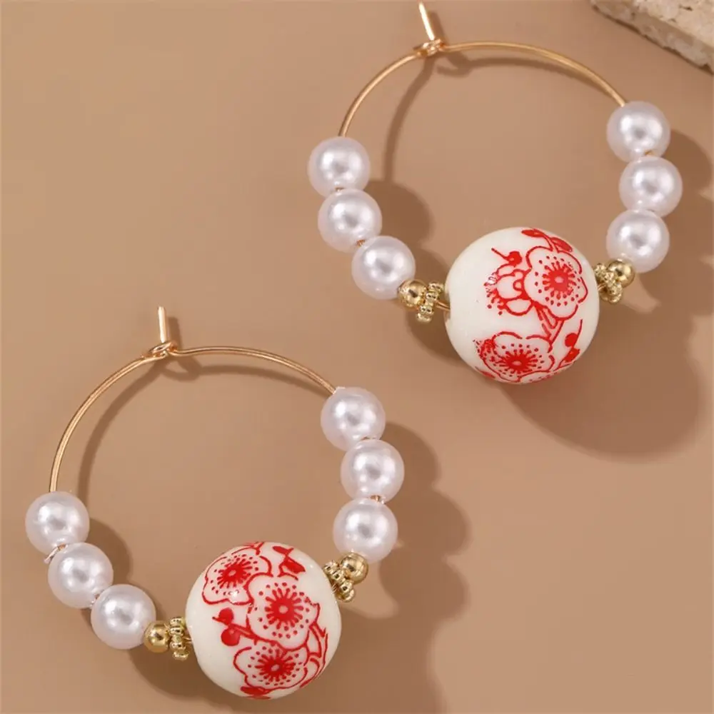 Ceramics Pearl Dangle Earring Bohemia Earrings Rice Bead Blue and White Porcelain Earrings Korean Style Handmade
