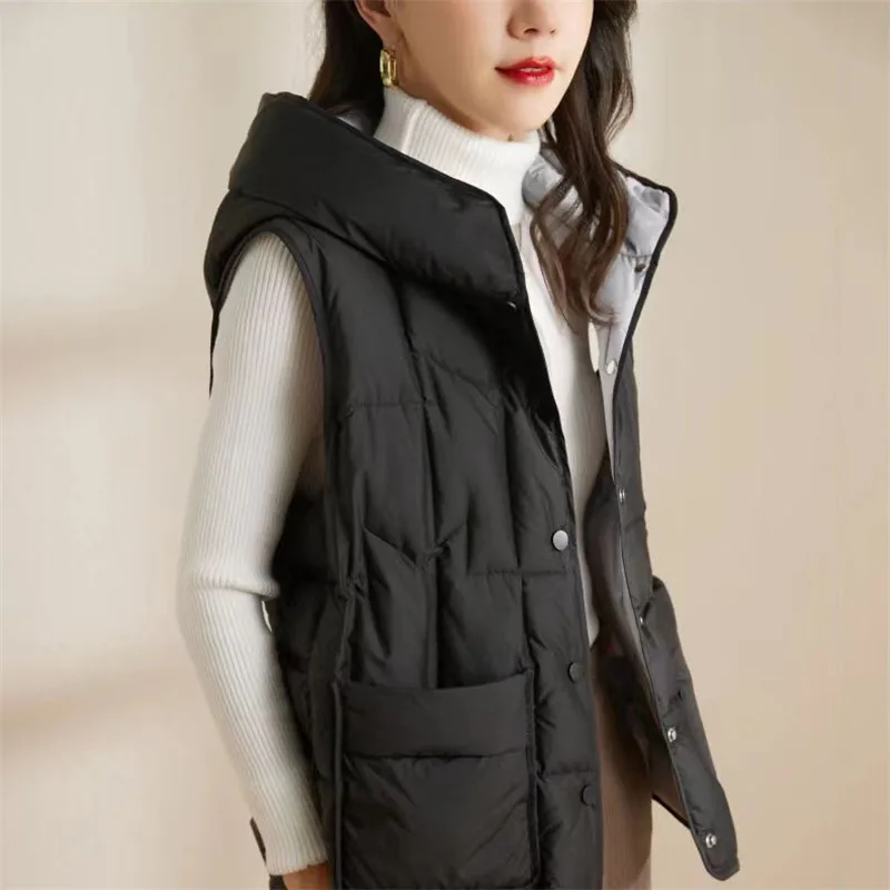 Autumn Winter Warm Light Thin White Duck Down Vest Coat Women Down Vest Jakcet Ladies Casual Loose Sleeveless Hooded Waistcoat