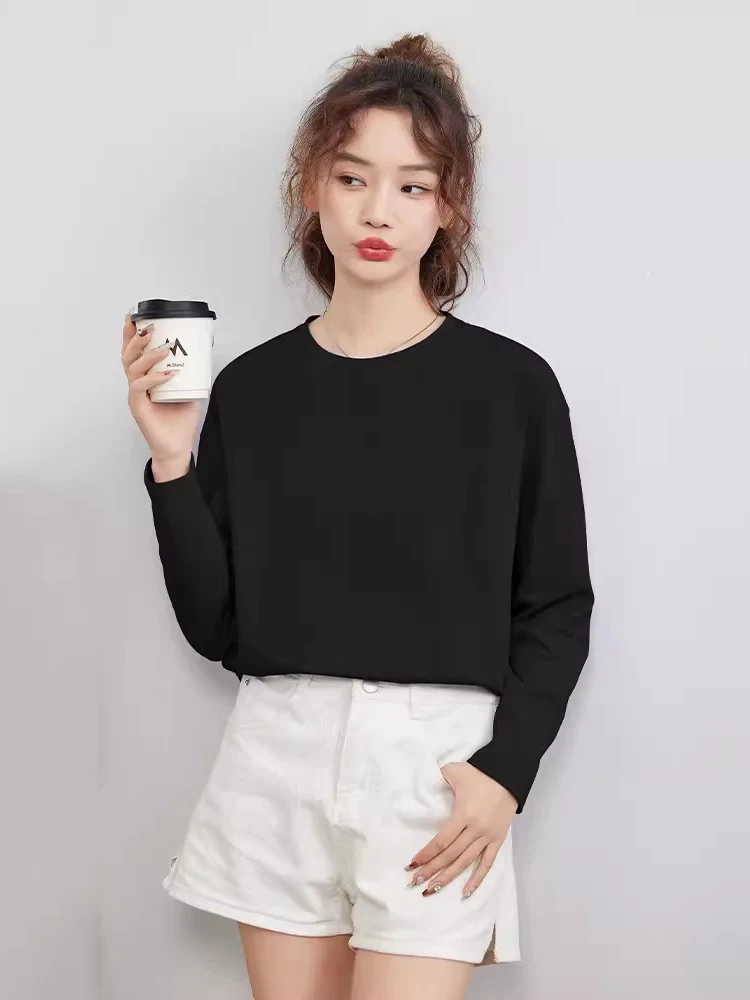 New Women Spring Autumn Long Sleeve T-shirt Fashion O-Neck Drop sleeve Loose Cotton Tees Simplicity Casual Basic T-shirt