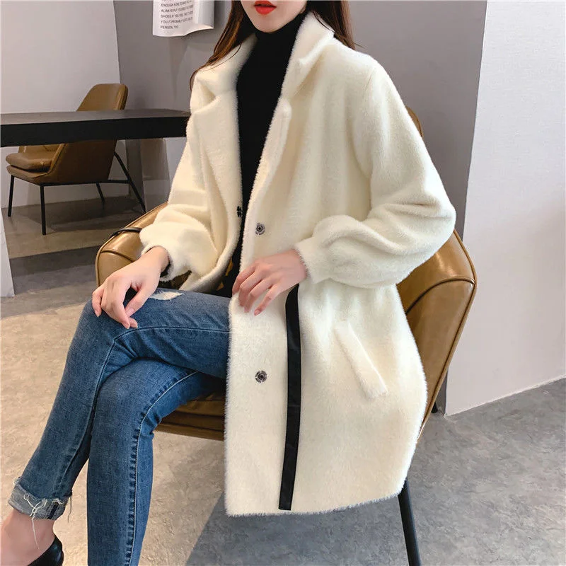 2023 Celebrity Female Autumn New Belt Imitation Mink Fur Coat Women Temperament Long Knitted Cardigan Winter Mink Fur Jacket WCH