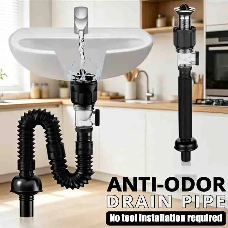 Household Bathroom Odor Proof Drainage Accessory Stainless Steel Kitchen Sink Drain Pipe Set with Wall Mount Strainer  Basket