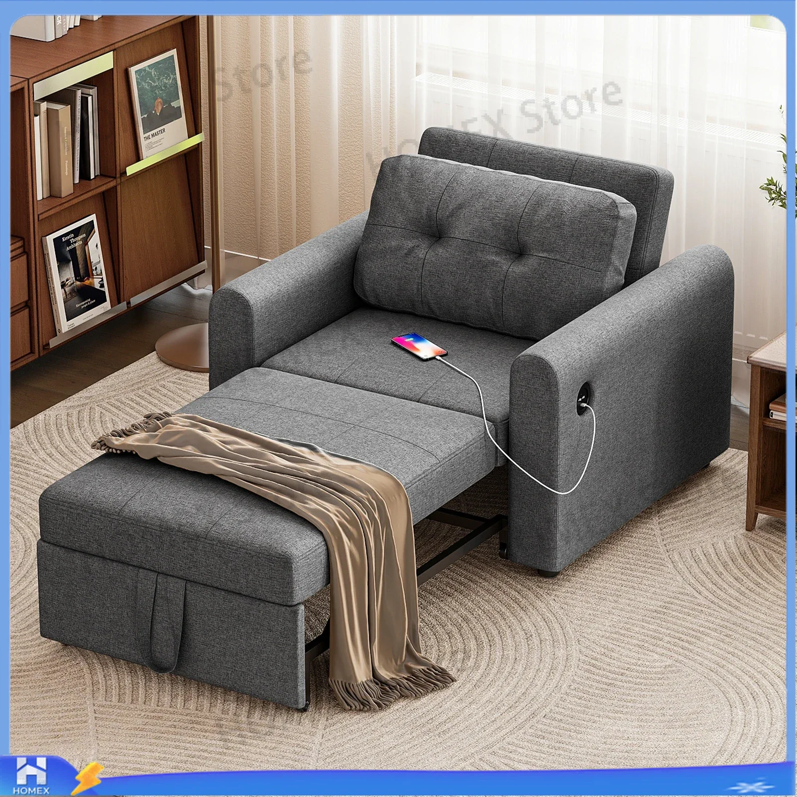 Space‑Saving Single Sofa Bed, 3‑in‑1 Multi‑Purpose Convertible Pull Out Sleeper Sofa Chair with USB Ports & Side Pocket