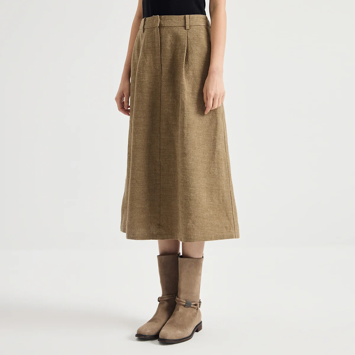 KT7623902 Women's Linen Wool Blend A-Line Midi Skirt High Waist Front Pleat Belt Loop Quiet Luxury Early Autumn Fall