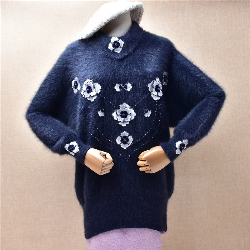 

Women Mujer Autumn Winter Vintgae Flower Hairy Angora Rabbit Hair Knitted Turtleneck Loose Pullover Sweater Jumper Pull Tops