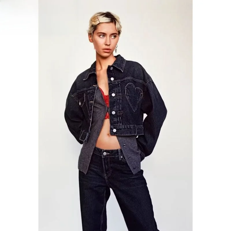 

Spring 2024 New TRF Women's Denim Jaet with Heart aped ket Faionable Casual Loose Fit Long Sve Pure Color Coat