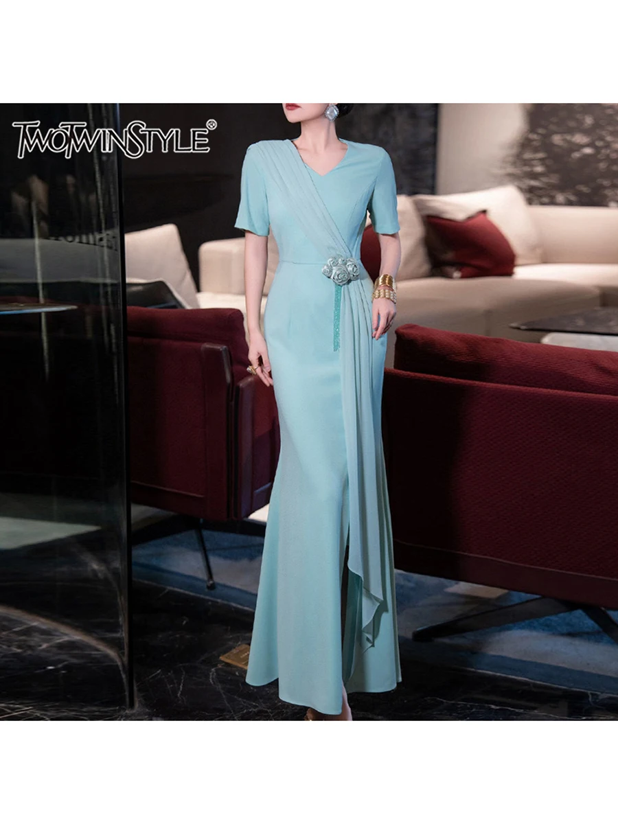 

TWOTWINSTYLE Solid Spliced Appliques Dresses For Women Round Neck Short Sleeve High Waist Patchwork Folds Split Dress Female New